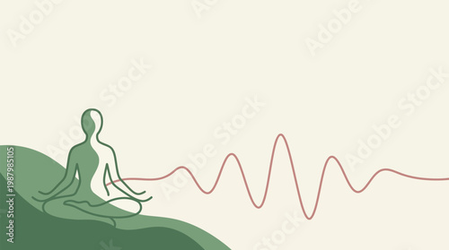 Meditating figure in lotus pose, serene amidst erratic waveform, symbolizing stress relief and mental balance. Minimalist vector illustration in muted tones with clean background.