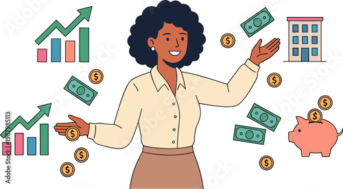Woman surrounded by money and financial graphs shows success