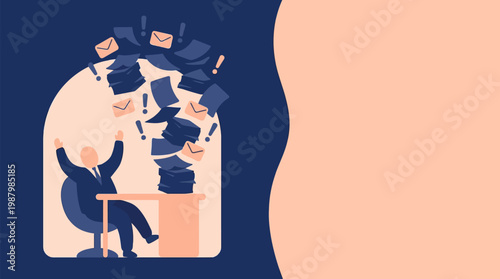 Man at desk, overwhelmed by flying papers and alerts, symbolizing extreme stress and overload in flat vector art in blue & peach, with ample copy space.