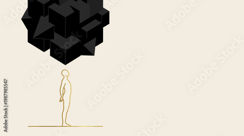 Golden silhouette under dark geometric blocks, symbolic mental stress and overwhelming anxiety, minimalist abstract illustration, isolated with copy space.