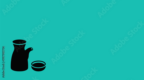 Sake Bottle and Cup, Minimalist Silhouettes on Teal, Japanese Tradition Celebration, Flat Graphic Design, Isolated Vector