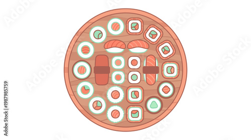 Sushi Platter, Assorted Maki Nigiri Rolls, Overhead. Japanese Delicacy Celebration. Modern Flat Pastel Vector on Isolated White.