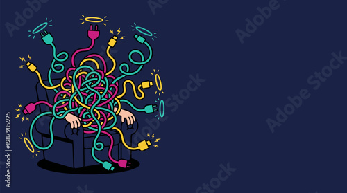 Hands caught in a chaotic knot of vibrant tangled wires and plugs, sparking with distress, illustrating extreme overwhelm and digital burnout. Flat vector illustration with bold outlines on dark blue.