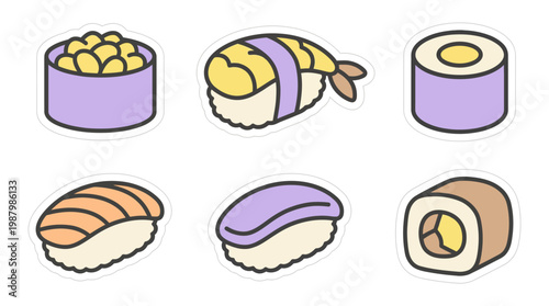 Assorted sushi and maki rolls set with fresh ingredients, a delightful celebration of Japanese cuisine in charming flat cartoon style with soft pastel colors, isolated vector illustration.