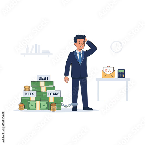 A stressed businessman stands next to a large pile of bills and debt, looking worried in an office.