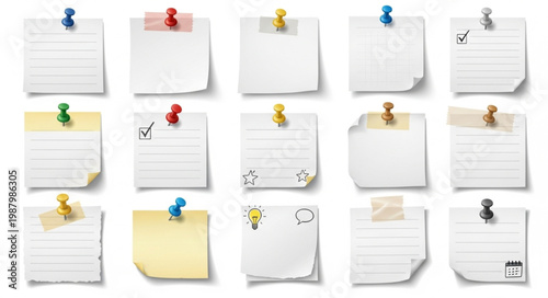 Collection of Blank Sticky Notes Pinned to a White Background.