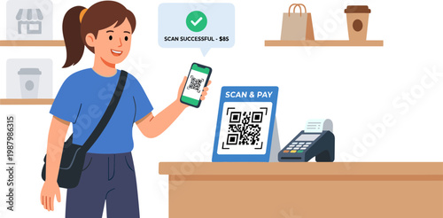 Woman scans QR code on phone at cafe counter with menu board