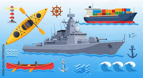 Collection of various boats and nautical elements on water.