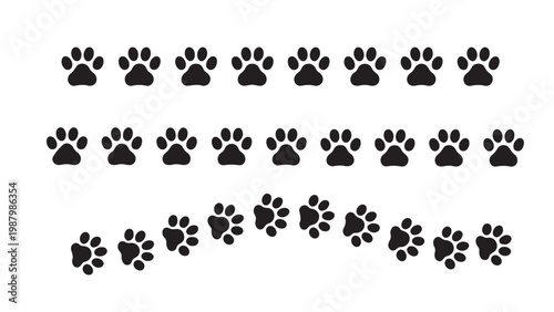 Various black animal paw prints arranged in rows and a curved trail on a white background.