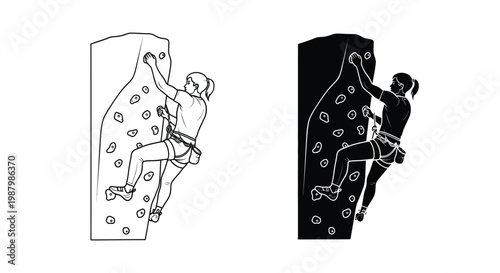 Woman rock climbing on an indoor climbing wall in a vector illustration design