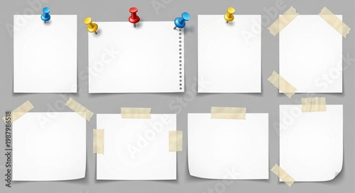 Collection of blank white paper notes attached with tape and pins.