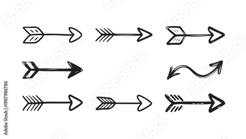Collection of hand drawn black sketch arrows in various styles isolated on white background