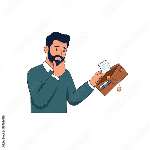 Man worriedly checks empty wallet with card and money