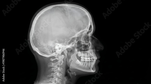 Professional grayscale radiographic imaging of a human skull in side profile view
