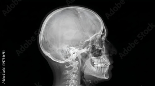 Side profile X-ray image of a human head skull isolated on black background