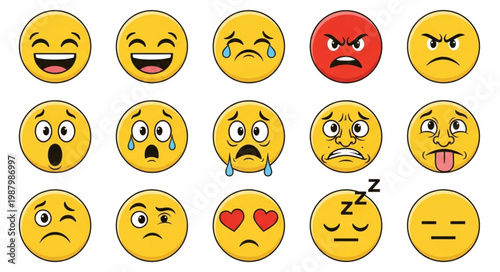 Collection of cartoon emoji faces expressing various emotions and feelings.