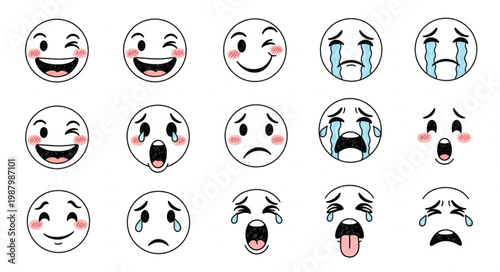 Collection of cartoon emoji faces expressing various emotions like happiness sadness and surprise.