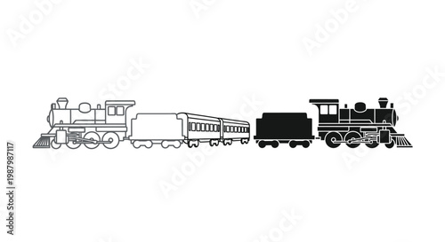 Vector illustration of a train with two different style locomotives and cars