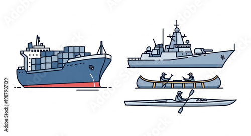 Cargo Ship and Military Vessel with Canoes and Kayak.