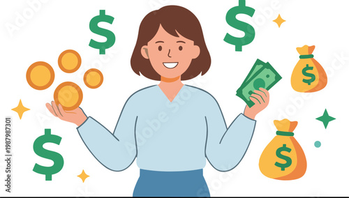 Woman joyfully holding cash and coins surrounded by money symbols