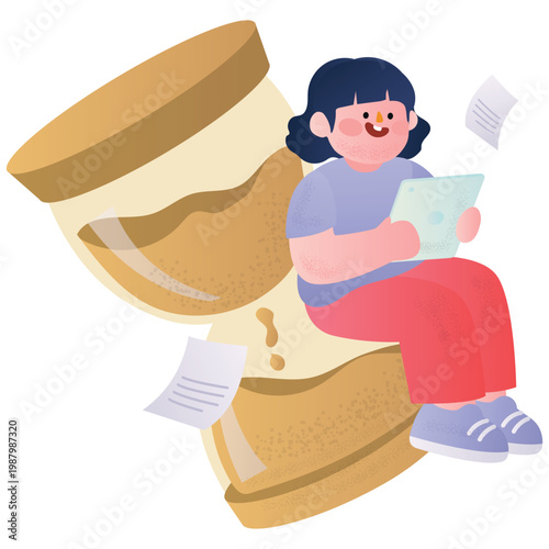 Productivity Work Illustration. Vector illustration of Person using tablet sitting on giant hourglass with flying papers, representing time pressure and productivity management. Isolated on background