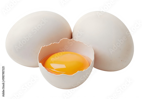 Three white eggs with one cracked open showing yellow yolk inside isolated on transparent background