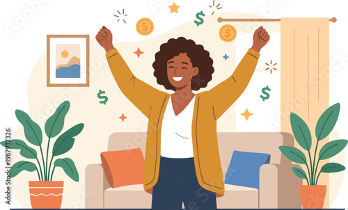 Woman celebrates triumph with arms raised in a cozy living room