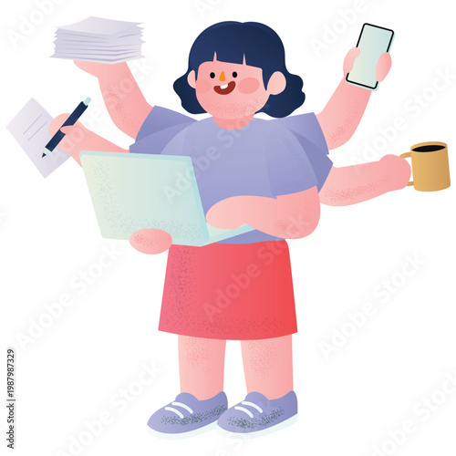 Productivity Work Illustration. Vector illustration of Woman multitasking with laptop, phone, coffee, and papers, illustrating productivity and time management skills. Isolated on background
