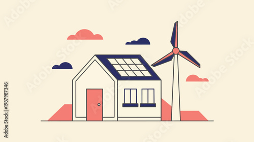 Sustainable Home With Solar Panels And Wind Turbine