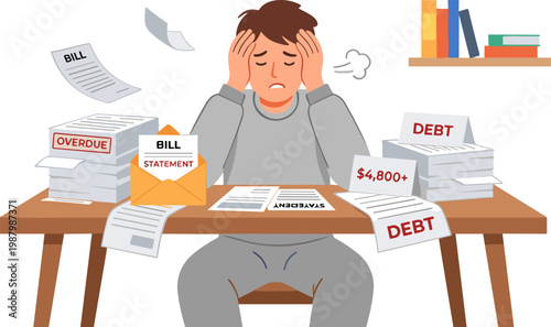 Frustrated man overwhelmed by debt and financial documents at a cluttered desk.