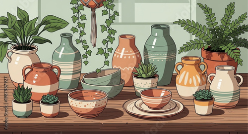 Collection of Ceramic Pots and Potted Plants Displayed on a Wooden Surface.