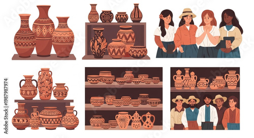 Collection of Ceramic Pottery Vases and Bowls Displayed.