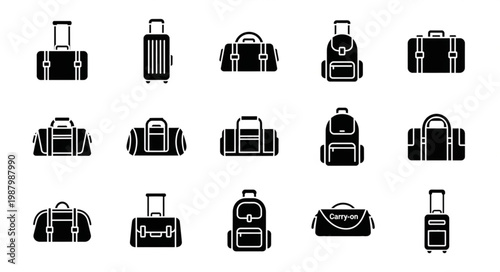 Collection of various travel luggage and bags icons.