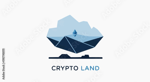 Crypto Land geometric landscape vector, Ethereum blockchain mountain logo, digital cryptocurrency world illustration in blue tones