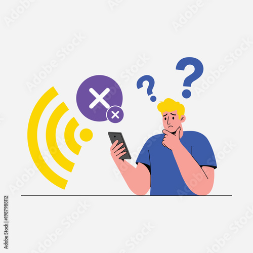 Man with confused expression looking at phone with no signal