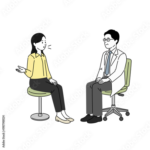 不満を訴える女性患者と医師の対話シーンイラスト
