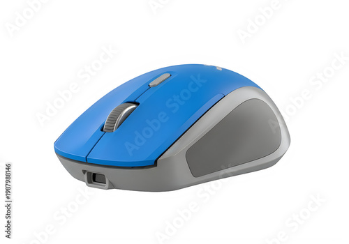 Blue and gray wireless computer mouse with scroll wheel isolated on transparent background