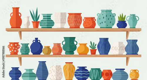 Collection of Colorful Ceramic Vases and Pots Displayed on Shelves.