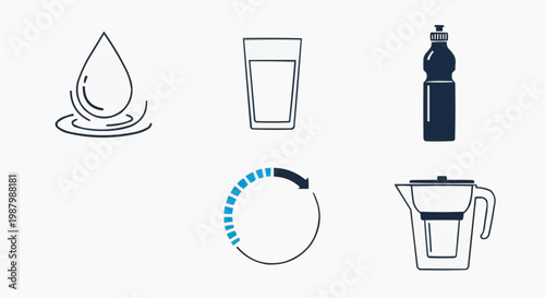 Minimalist water hydration icon set, blue line art water drop and glass symbols, 5 vector elements for health and purification tracking