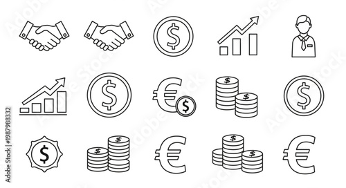 Financial Icons Representing Business Growth and Transactions.
