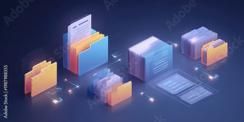 Digital document management process office workspace graphic illustration modern environment top-down view organization efficiency