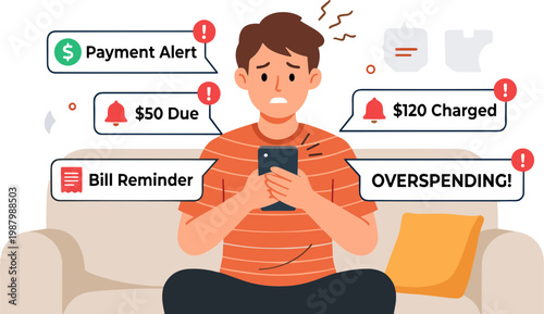 Man sitting on couch stressed about overspending on phone with notifications