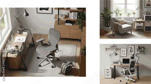 Modern Home Office Interior Set with Ergonomic Chair, Wooden Desk, Bookshelf, Plants, and Minimal Workspace Decor for Interior Designs