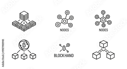 Blockchain technology network nodes and blocks illustration.