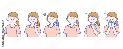 女性介護士・看護士の表情セット 喜怒哀楽の感情バリエーションイラスト