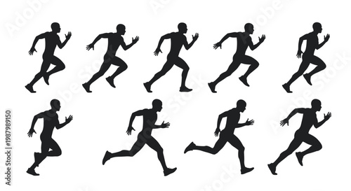 Sequence of black silhouettes showing a man running in different phases of movement against a white background.