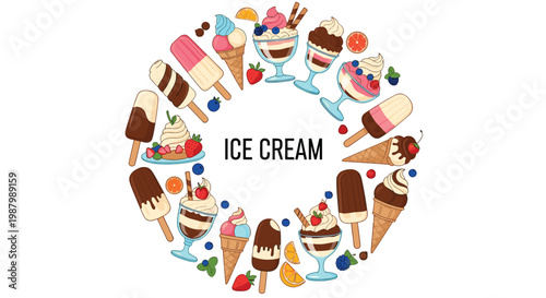 Colorful circular frame featuring a variety of ice cream cones, popsicles, and sundaes with berries and fruit.