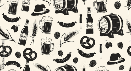 Black and white seamless pattern featuring beer mugs, bottles, sausages, pretzels, and hops in a hand drawn style.