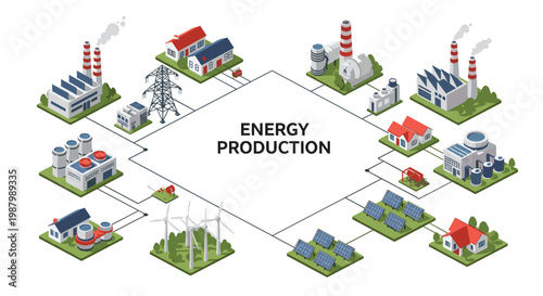 Isometric illustration of an energy production network featuring factories, solar panels, wind turbines, and power lines.