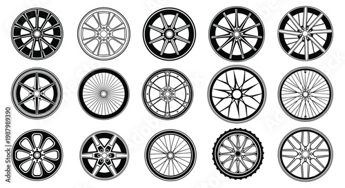 Set of different car wheel rim designs in black and white featuring various spoke patterns and styles.